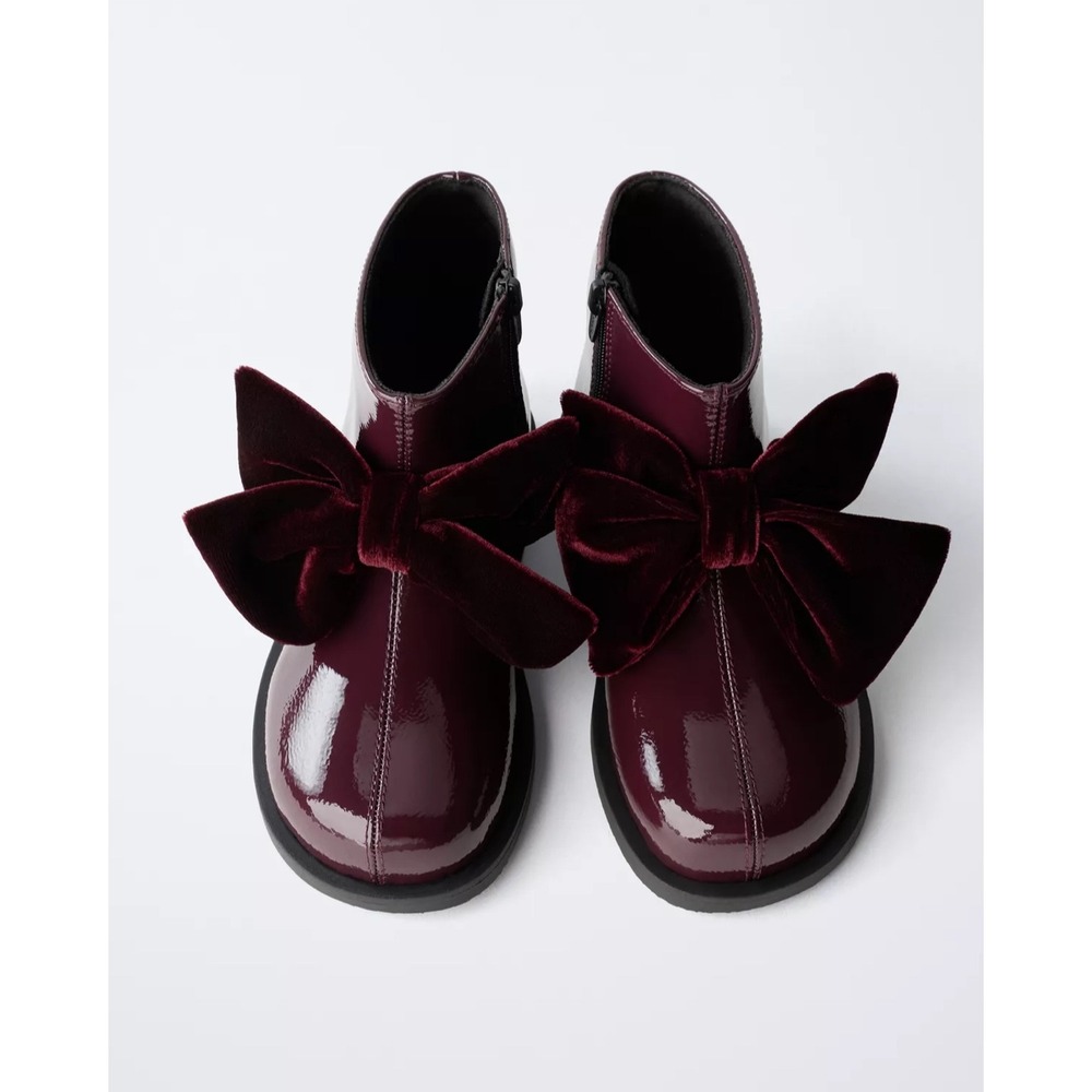 Kids Burgundy Patent Leather Boots Velvet Bow Side Zip‎ Fashion Shoes 27 us 10